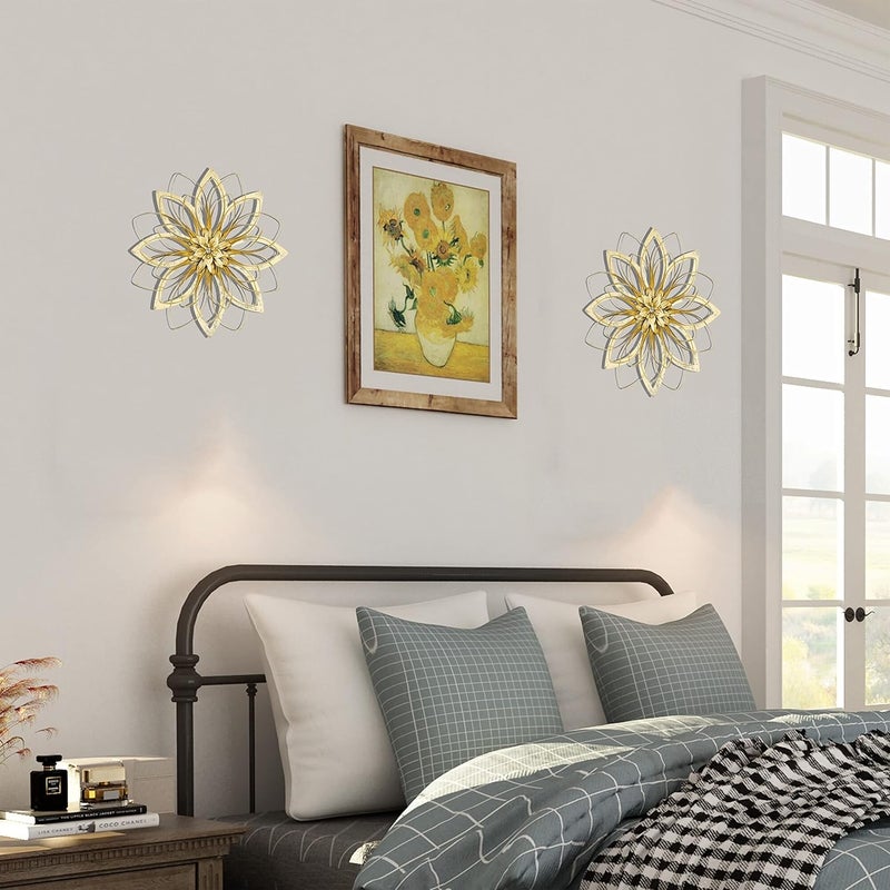 Remenna Metal Flowers Wall Decor, Metal Rustic Wall Art Decoration Farmhouse Wall Decorations Multiple Floral Hanging Decor for Bathroom Living Room Home Office Garden Kitchen (Rustic Gold - 2) - Image 2